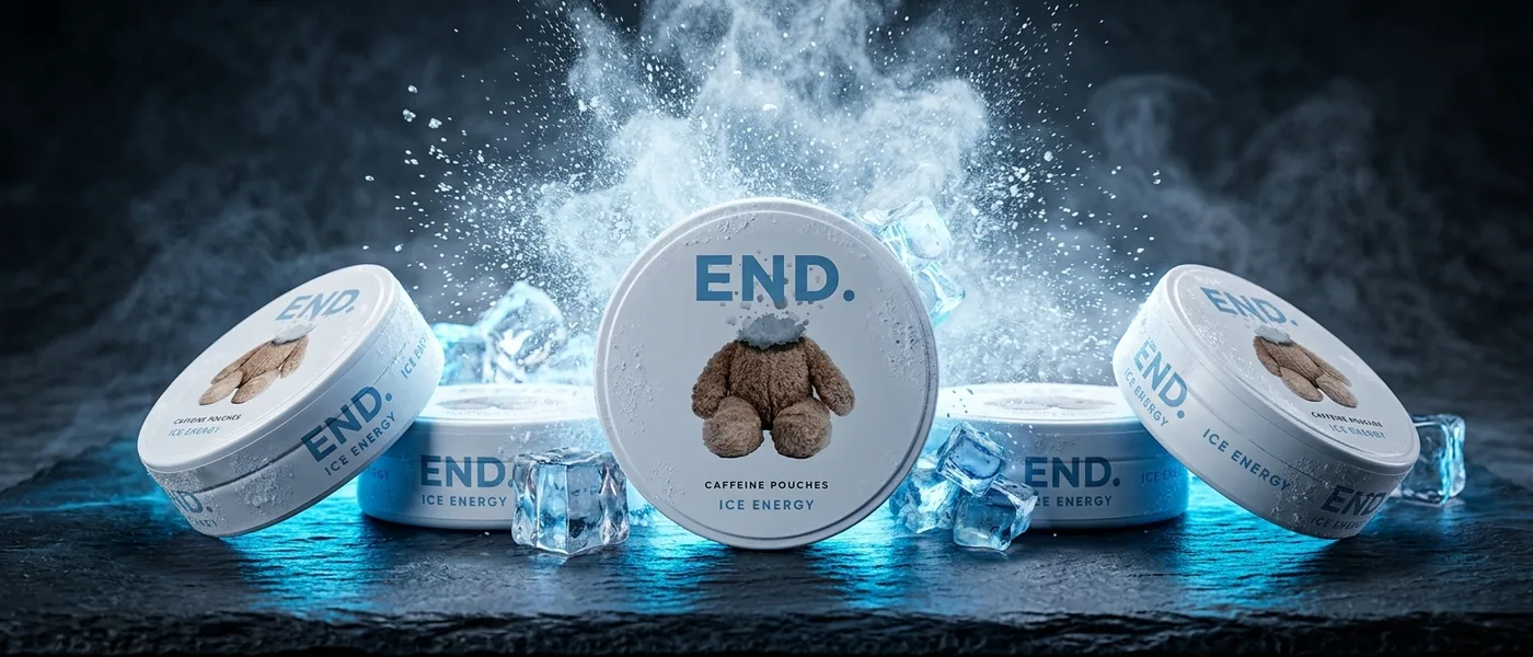Energy and caffeine pouch cans on a dark surface with an energetic icy glow