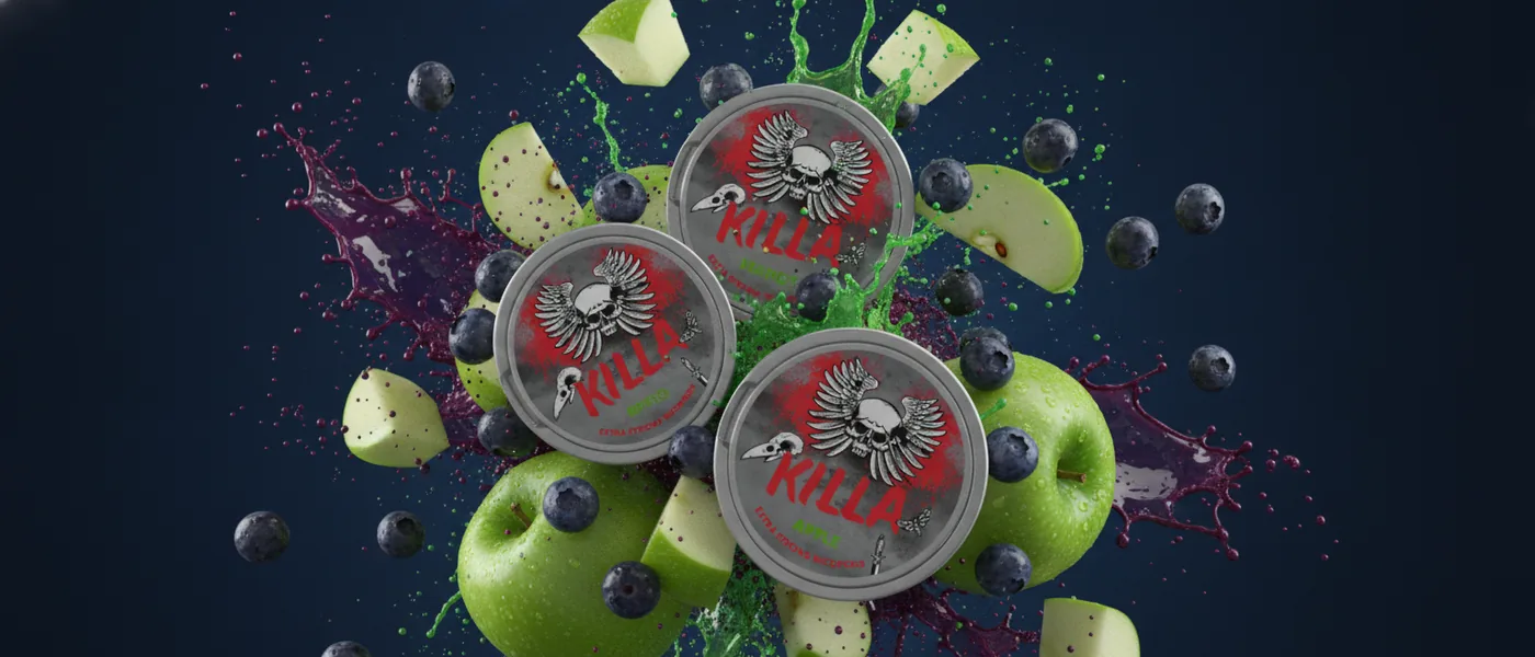 Puszki z saszetkami nikotynowymi Fruity Killa o smaku jabłkowo-jagodowym