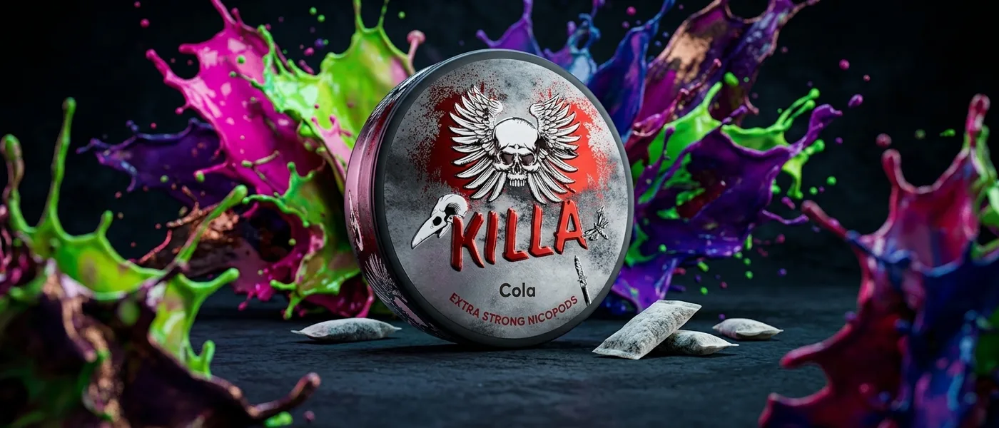 Eine „Killa“-Nikotinbeutel-Dose mit kräftigen Farben und Anklängen an Süßigkeitenaromen