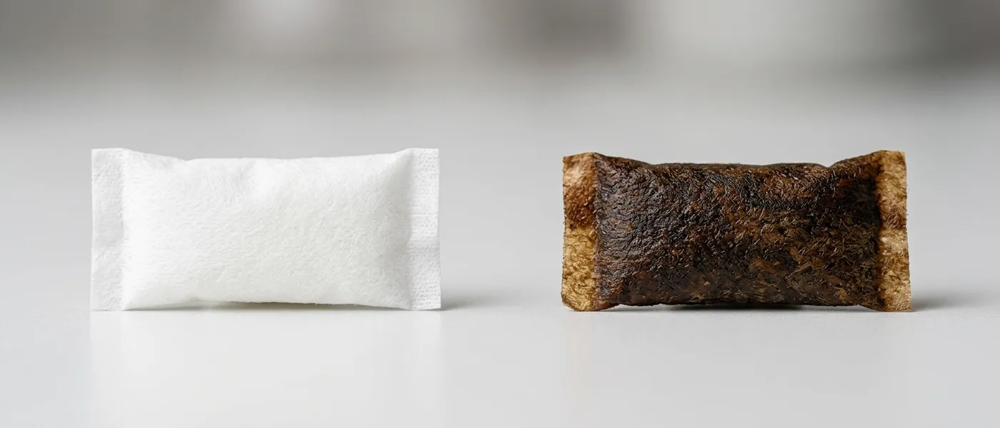 A white nicotine pouch portion beside a brown snus portion for comparison