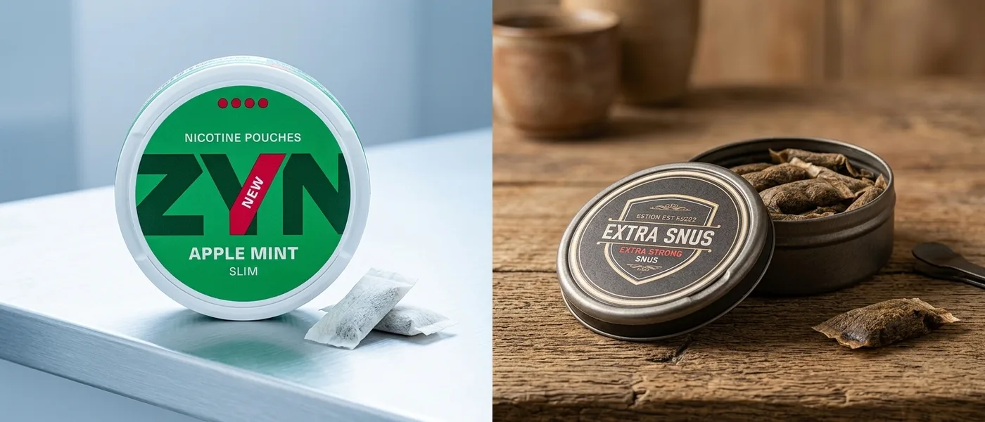 A white all-white nicotine pouch and a traditional brown snus portion in a split scene