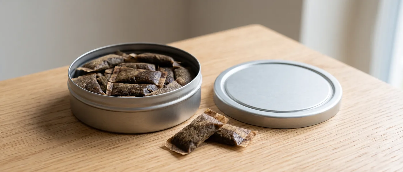 A traditional snus can with moist brown tobacco portions