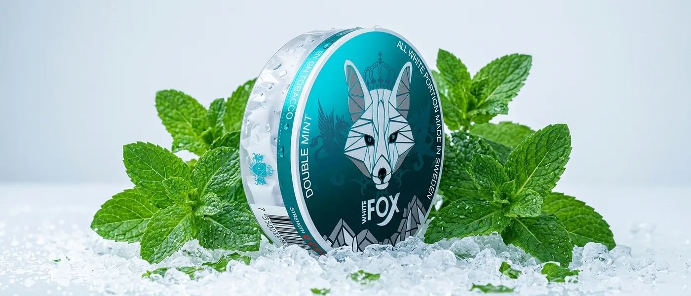 White Fox mint nicotine pouch cans with frost and fresh mint leaves