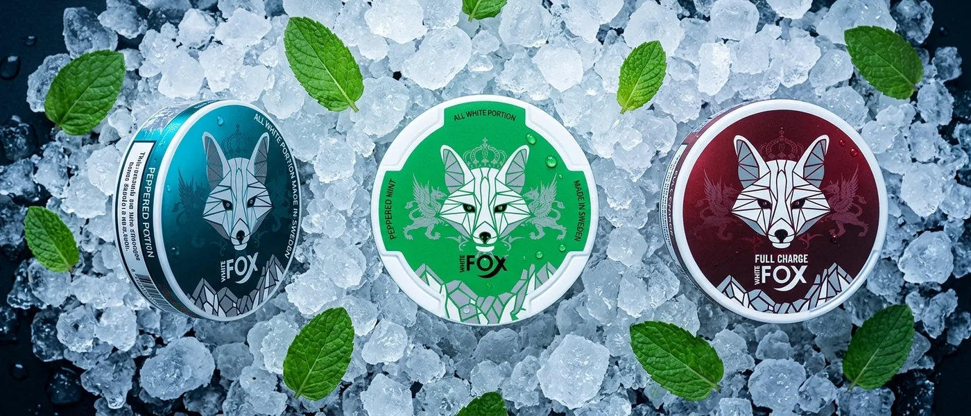 The White Fox nicotine pouch range arranged from above on ice