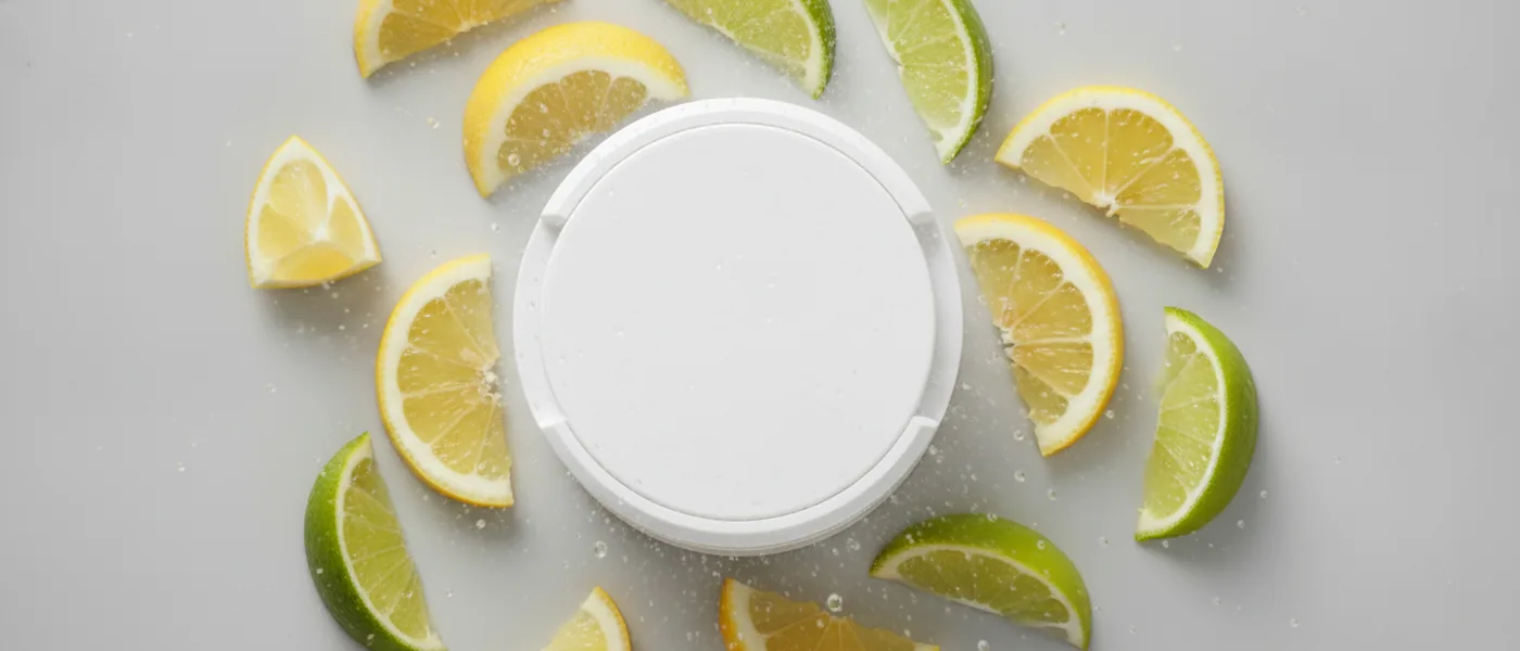 A ZYN citrus nicotine pouch can with fresh lemon and lime wedges