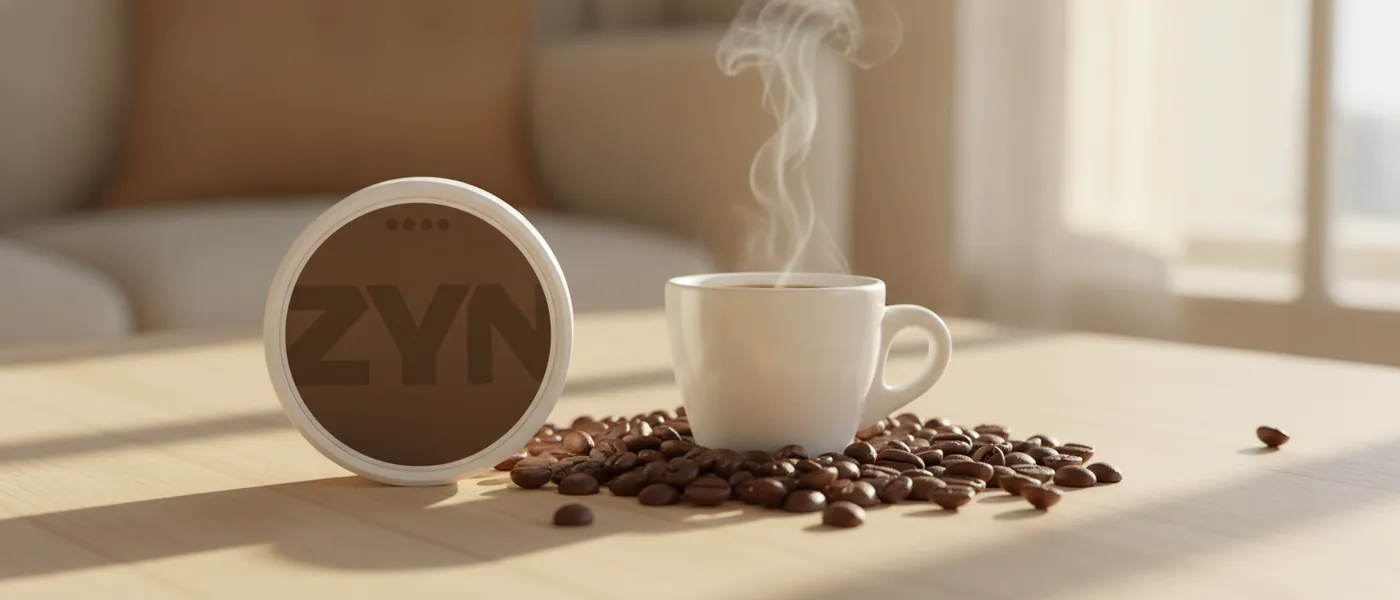 A ZYN coffee nicotine pouch can beside an espresso cup and coffee beans