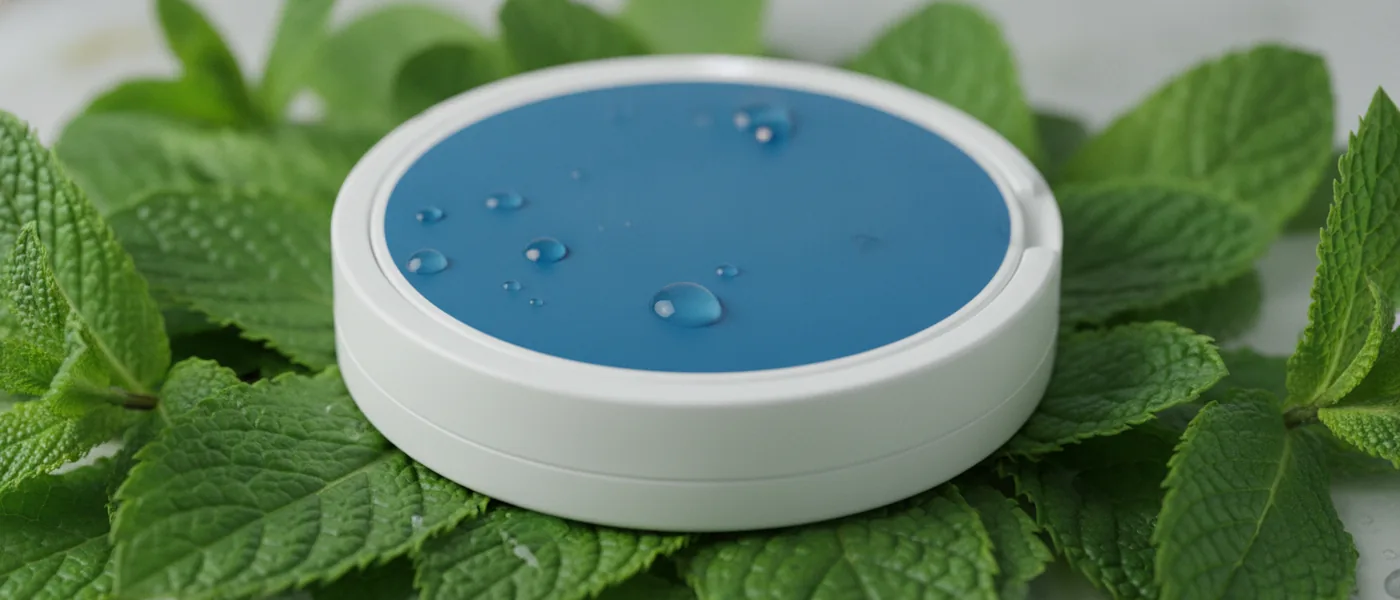 A ZYN cool mint nicotine pouch can on fresh mint leaves