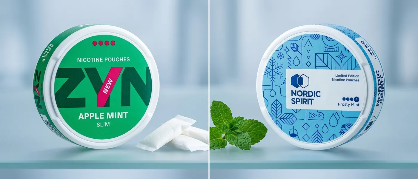 ZYN and Nordic Spirit nicotine pouch cans side by side in a cool split scene