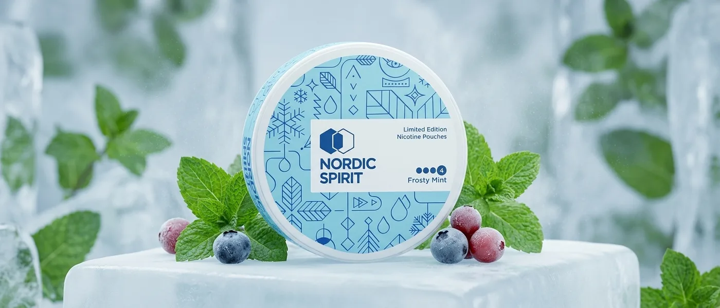 A Nordic Spirit nicotine pouch can with mint leaves and berries