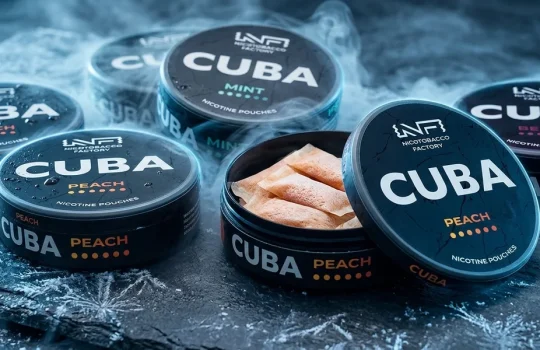 Mehrere Dosen mit Nikotinbeuteln der Marke „Cuba“ auf dunklem Schiefer