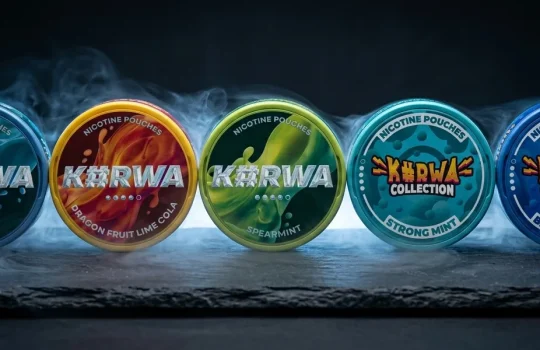 Několik plechovek s nikotinovými sáčky značky Kurwa na tmavě šedém podkladu
