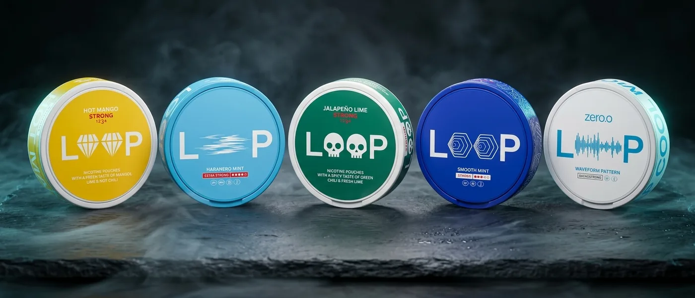 Několik plechovek s nikotinovými sáčky značky Loop na tmavě šedém podkladu